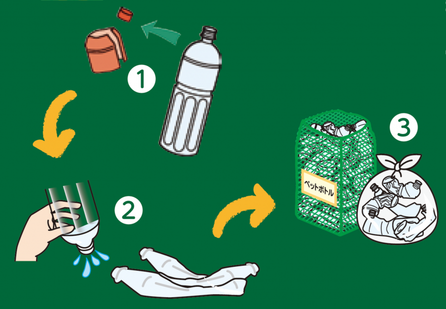 1キャップとラベルを外している画像。2中をすすいで水を切ってからつぶしている画像。専用容器か中身の見える袋に入れて出している画像