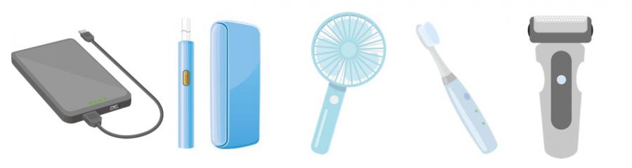 リチウムイオン電池が使われているモバイルバッテリー、電子たばこ、携帯型扇風機、電動歯ブラシ、電動シェーバーの画像