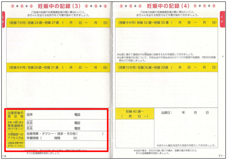母子健康手帳　緊急連絡先