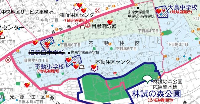 旧第四中学校付近の避難所の地図