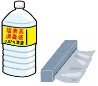 塩素系漂白剤　0.02パーセントと記入した容器とアルミホイルのイラスト