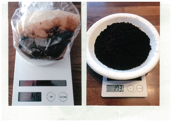 コーヒーの豆かすをはかりに乗せ、重さを図る画像。水分を含んだ状態と、乾かした状態を比較している。