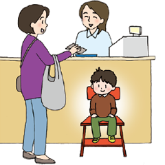 椅子に座り、家族の会計を待つ人のイラスト