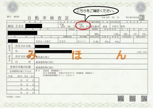自動車検査証（車検証）の画像。初年度検査年月をご確認ください