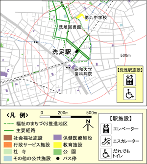 洗足駅周辺地区基本構想図の地図
