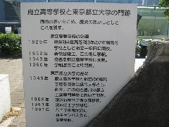府立高等学校と東京都立大学の歴史を記したプレートの写真