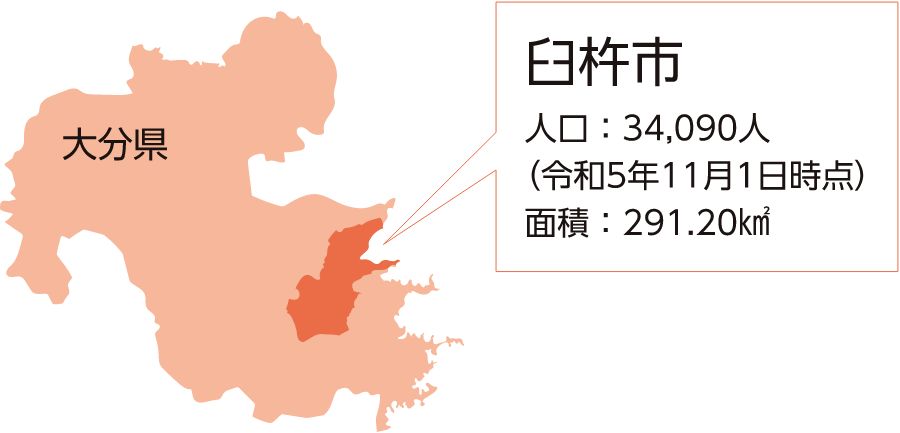 大分県臼杵市 人口：34,090人（令和5年11月1日時点）面積：291.20平方キロメートル