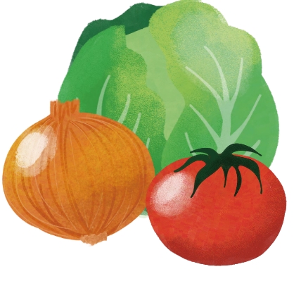 手前に玉ねぎとトマト、奥にレタスのイラスト