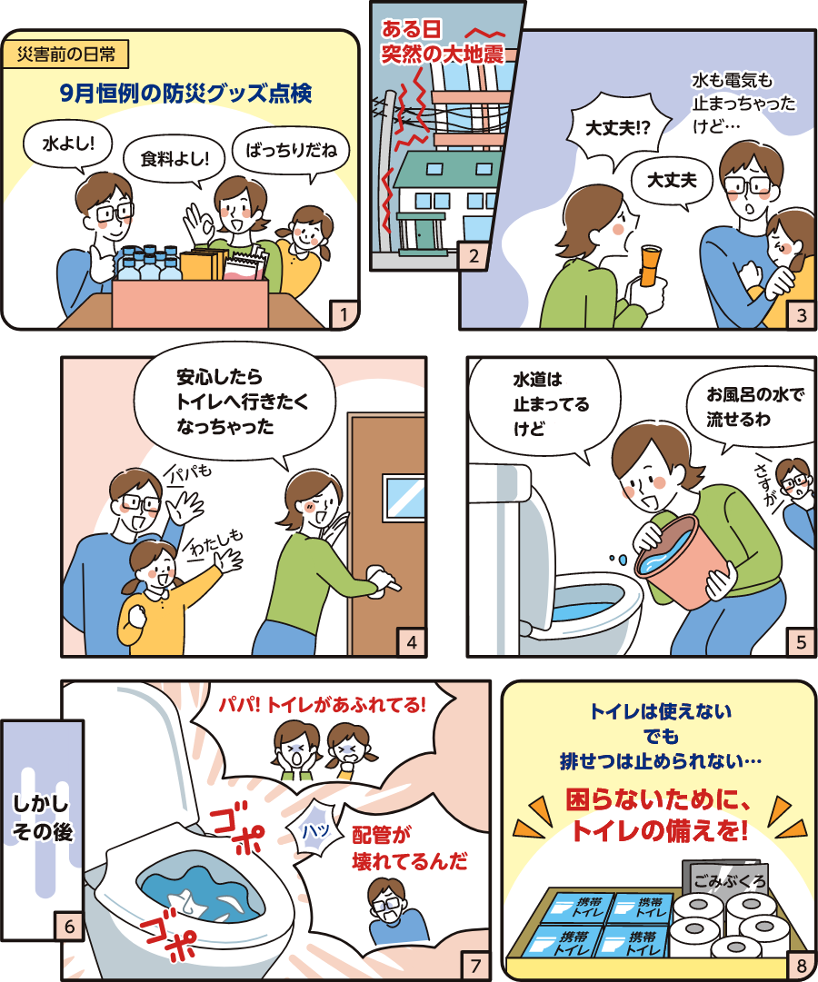 突然の大地震が起きたとき、水も電気も止まった。家族が大丈夫なことを確認したあと、トイレでお風呂の水を使って流そうとしたら配管が詰まって流せない状況を示したマンガ。トイレは使えない、でも排せつは止められない。困らないために、トイレの備えを！