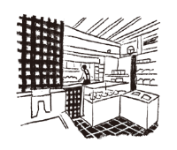 店内のイラスト。レジ前に格子がある。