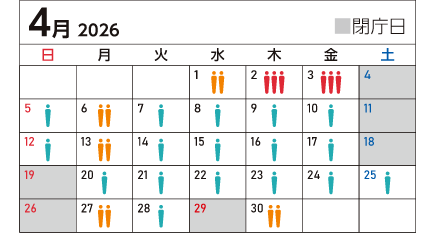 2026年4月は、1日、6日、13日、27日、30日が混雑、2日、3日は大変混雑が予想されます。